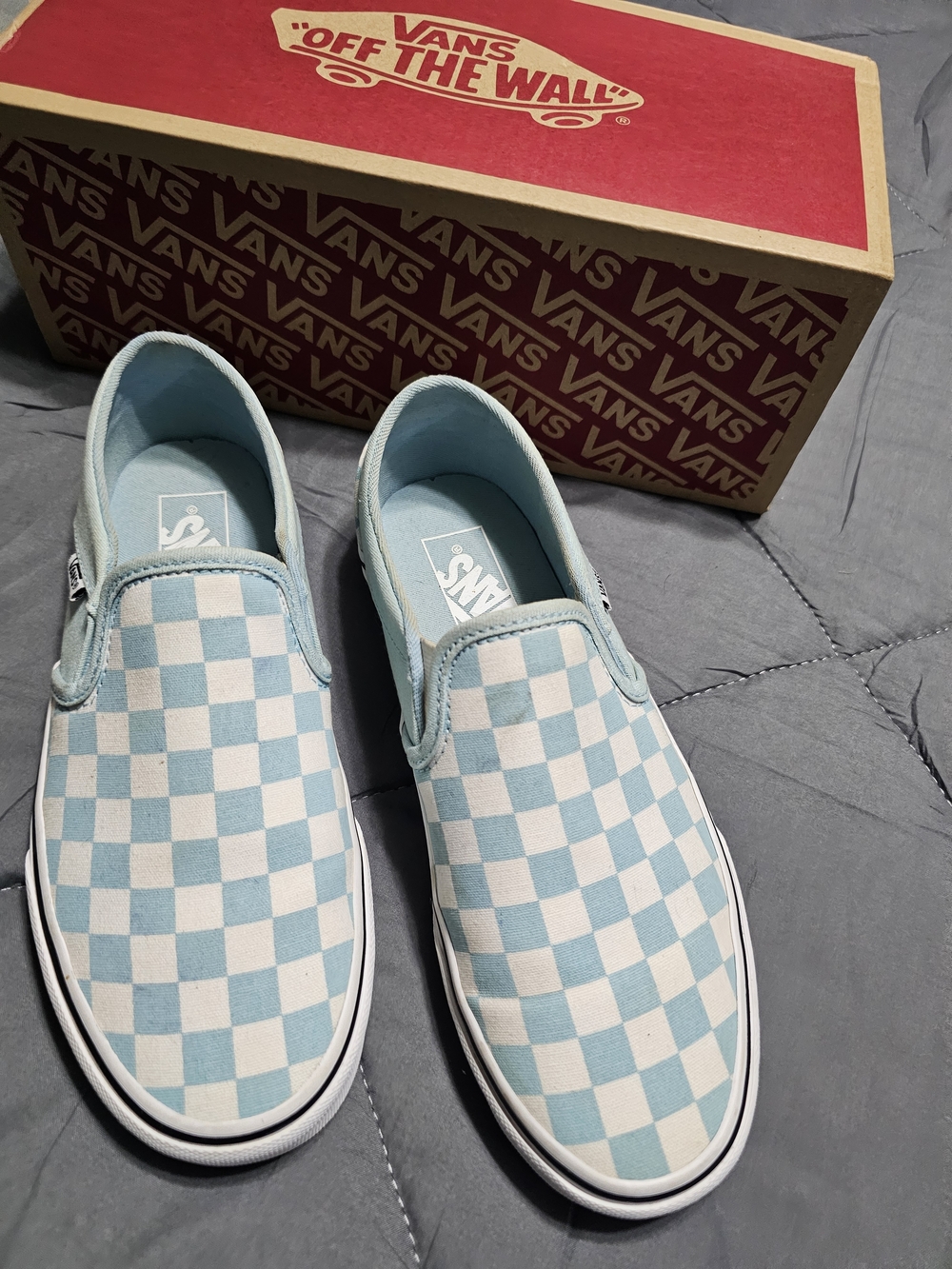Vans Checkerboard Slip-On Sneakers in Light Blue and White